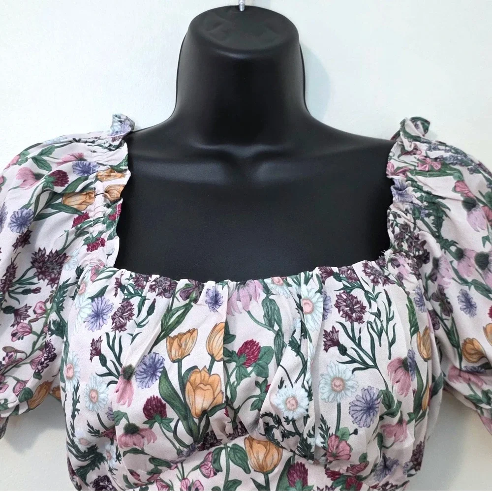 Cider Floral Puff Sleeve Milkmaid Crop Top Sz S Tie Back Bow Cottage Coquette - Picture 2 of 8